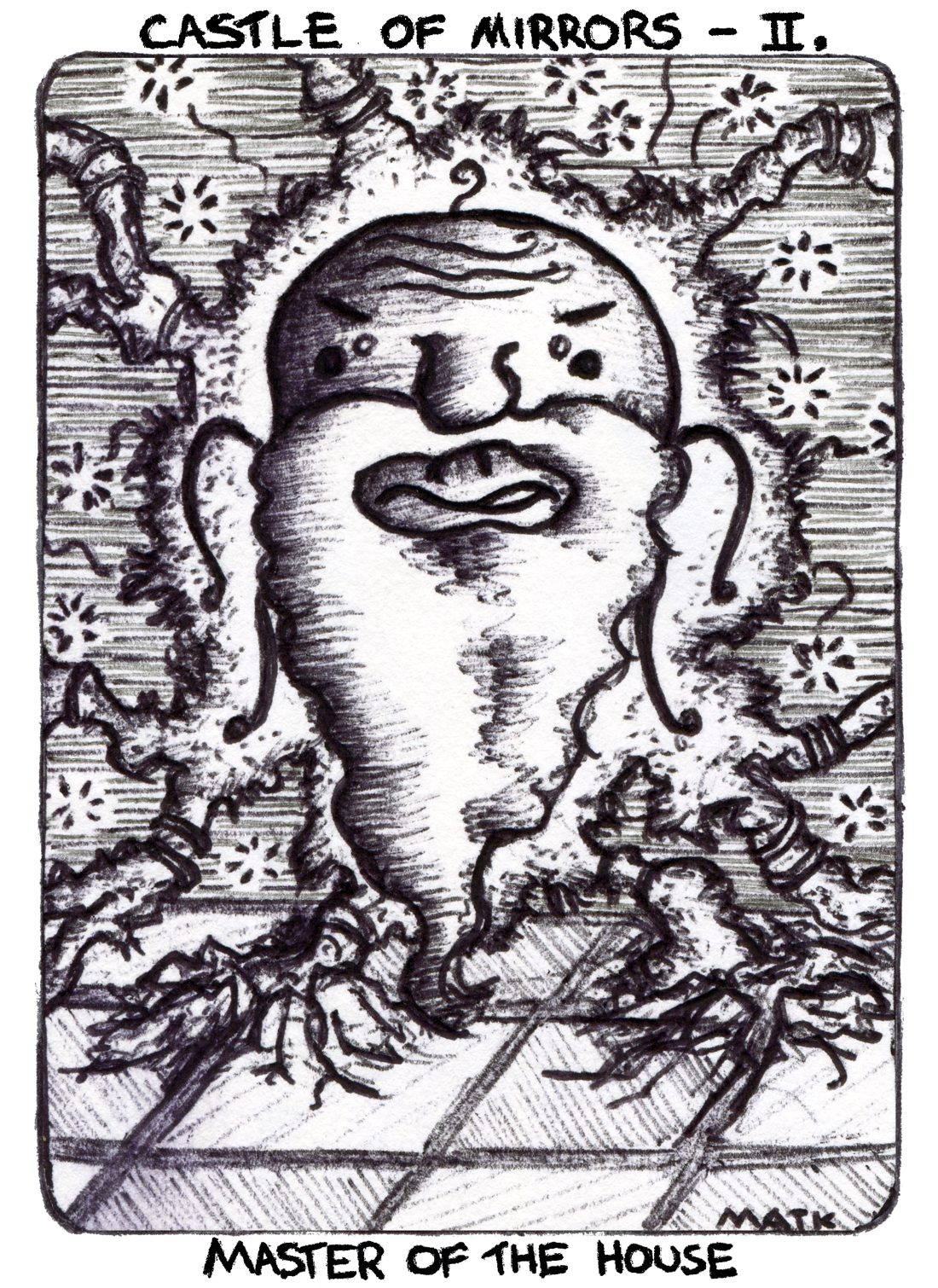 Story card, Castle of Mirrors II: Master of the House. Pen drawing of a large bearded face emerging from roots and flowers.
