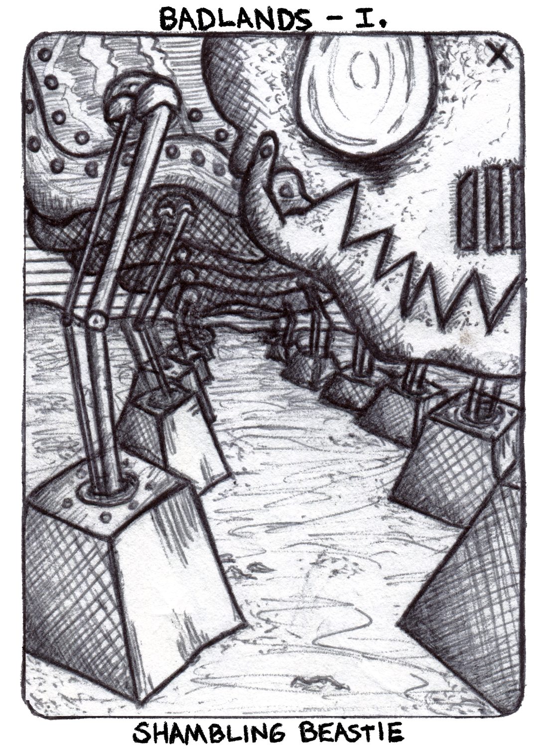Story card, Badlands I: Shambling Beastie. Pen drawing of a skull-faced creature on stilt legs in a rocky wasteland.