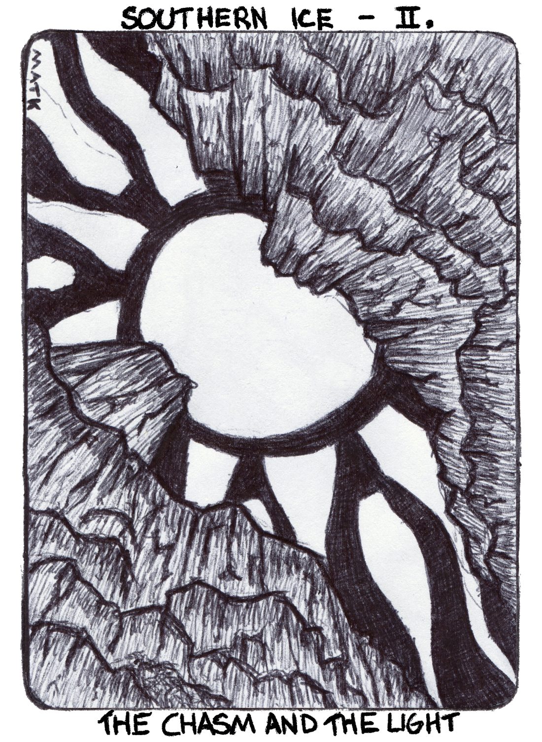 Story card, Southern Ice II: The Chasm and the Light. Pen drawing of a blazing light at the bottom of an icy chasm.