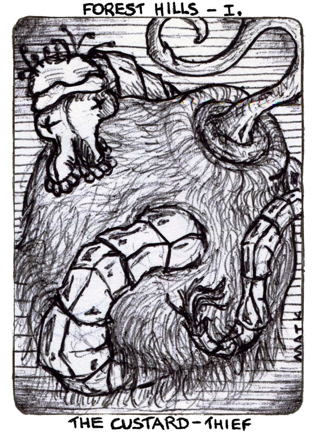 Story card, Forest Hills I: The Custard-Thief. Pen drawing of a shaggy creature with a segmented tail, a small figure clinging to it.