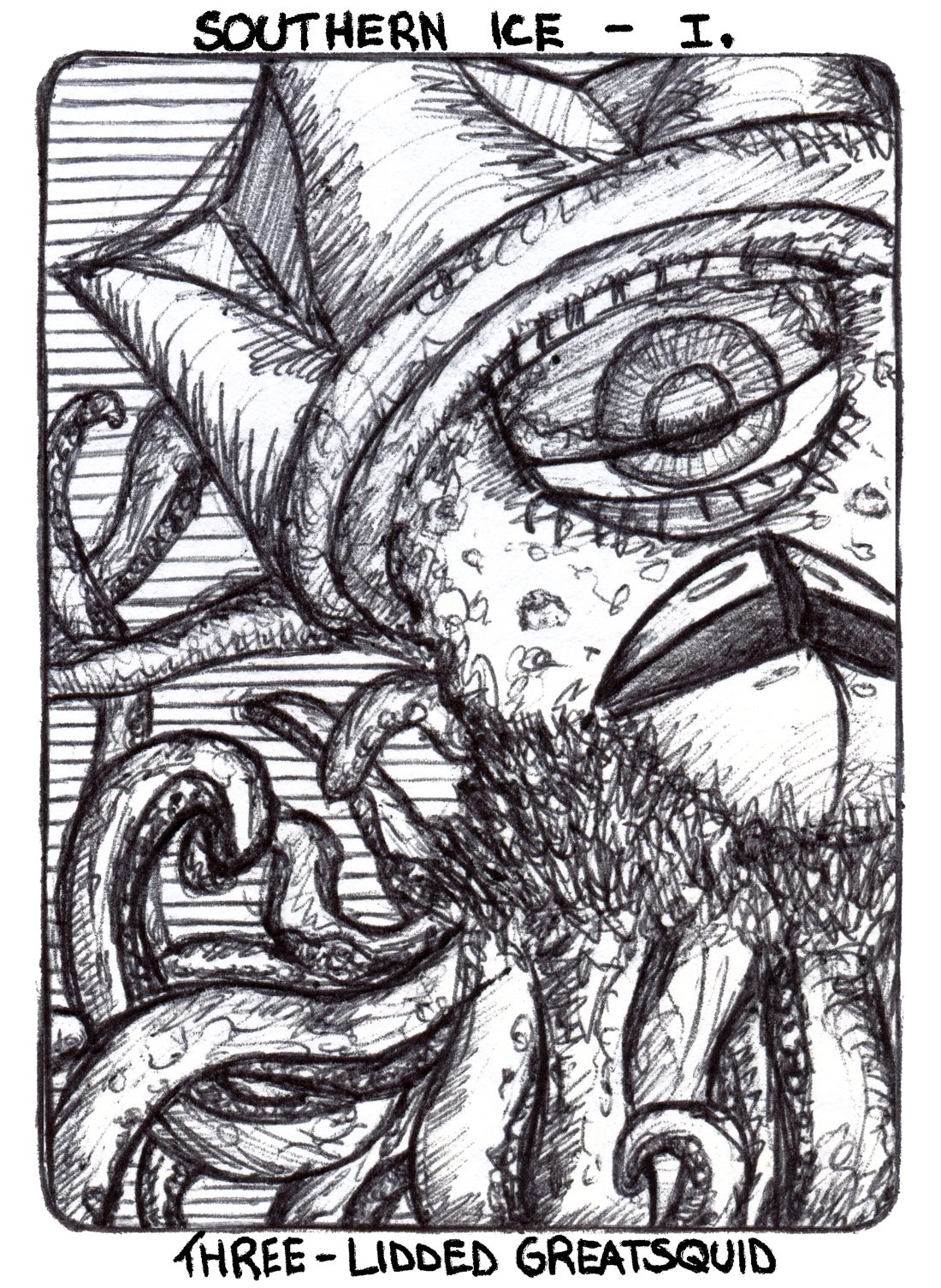 Story card, Southern Ice I: Three-Lidded Greatsquid. Pen drawing of a huge squid with a single three-lidded eye.