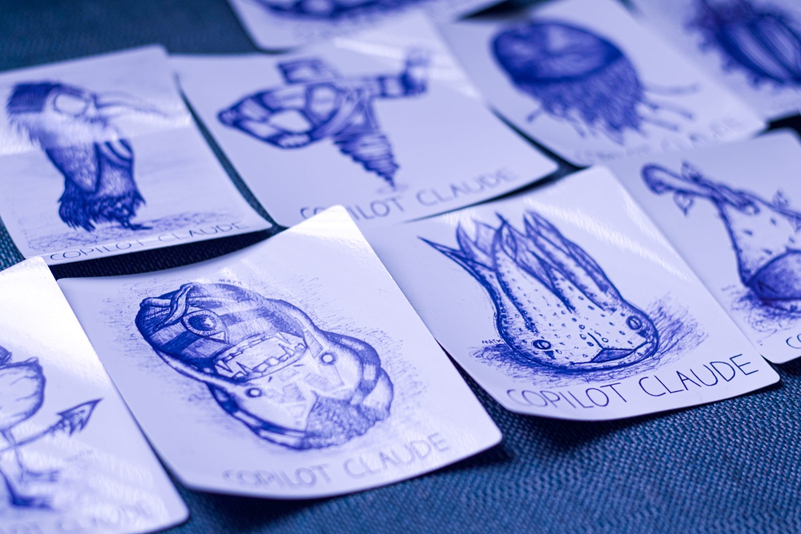 Story cards scattered on a blue cloth, with small cards stamped 'Copilot Claude'.