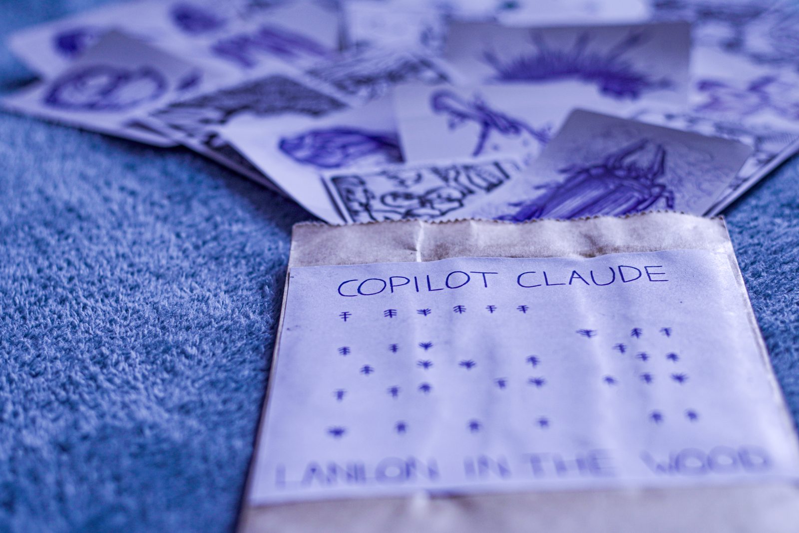 Paper CD sleeve stamped 'Copilot Claude - Lanlon in the Wood', with story cards behind.